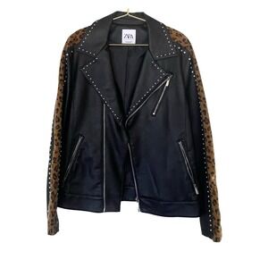 Zara Studded Faux Leather Biker Women's Jacket Size M Leopard Print Rocker